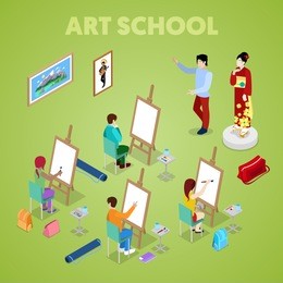 isometric art concept. class with students painter. people learning to draw. vector flat 3d illustration