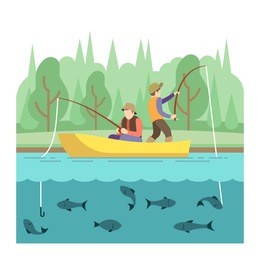 outdoor summer activities. fishing sport vector concept. summer vacation fishing, outdoor illustration of river and boat