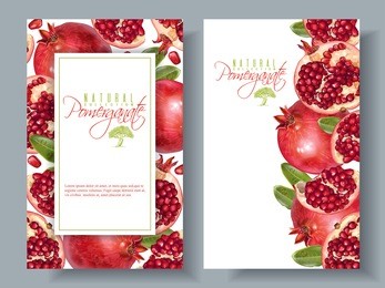 vector vertical banners with pomegranate fruits on white background. design for cosmetics, spa, pomegranate juice, health care products, perfume. can be used as vegetarian menu or summer background