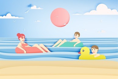 family floating on the beach with beautiful sea background paper cut style vector illustration
