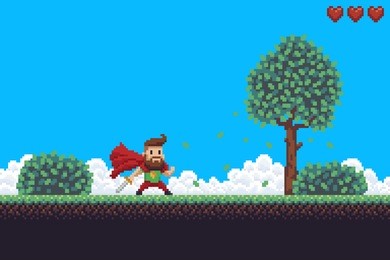 pixel art game background with superhero character, ground, grass, sky, clouds, tree, bushes and hearts