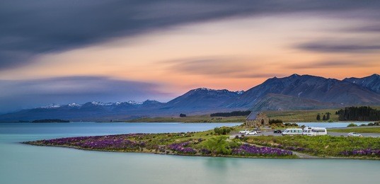 church of good shepherd, lake tekapo, south island, new zealand, motion sky 