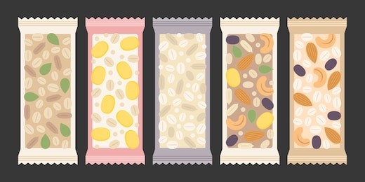 cereal and granola bar, nuts, dry fruits such as raisin, cornflakes, cashew nuts, almond, pumpkin seed, sunflower seed, oat, wheat in transparent packaging, flat design vector