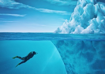 diver swimming near an iceberg. this is a 3d render illustration.