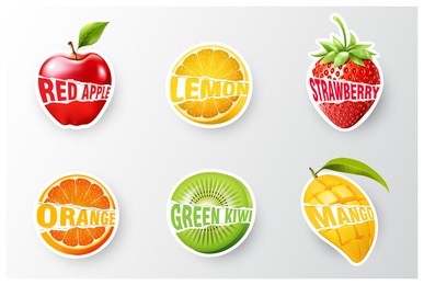 set of orange, lemon, strawberry, kiwi, apple, mango juice,smoothie, milk, cocktail and fresh labels splash. sticker, advertisement concept vector illustration