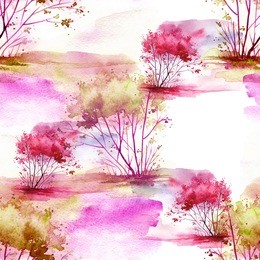 watercolor seamless pattern, background with vintage pattern. pink, yellow bush, tree, beautiful autumn landscape in pink, lilac color. on a white background. stylish fashion illustration.