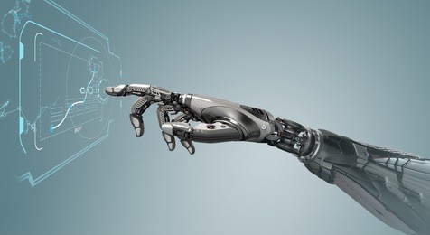 a robotic mechanical arm looks as like a human hand touching a touchscreen. cybernetic organism with artificial intelligence working with infographic background. futuristic design concept