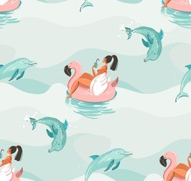 hand drawn vector abstract cute summer time seamless pattern with beach girl swimming on pink flamingo float circle and dolphins in blue ocean water waves texture background