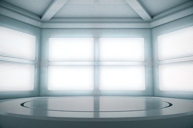 white podium. pedestal. platform. empty room with window light. future modern presentation concept. 3d rendering