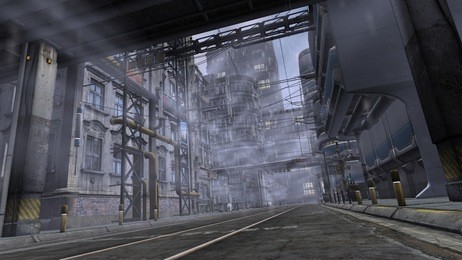 3d illustration of a street in the industrial area. futuristic cityscape in cyberpunk style