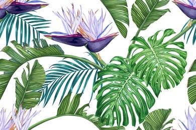 tropical leaves and flowers of strelitzia nicolai. seamless vector pattern.