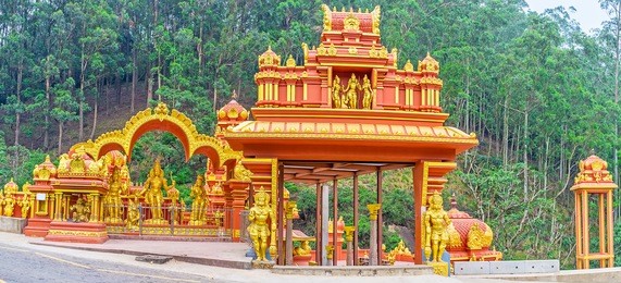 panorama of the seetha amman temple, located in legendary place - it's believed, that here sita was held captive by king ravana, nuwara eliya, sri lanka.