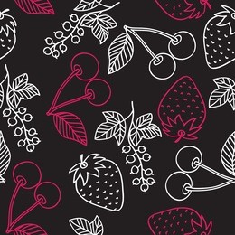 juicy berries seamless pattern. white and red outline drawing in doodle style on a black background. cherry, strawberry and currant drawn by hand. vector image.