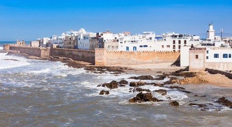 essaouira ramparts aerial panoramic view in essaouira, morocco. essaouira is a city in the western moroccan region on the atlantic coast.