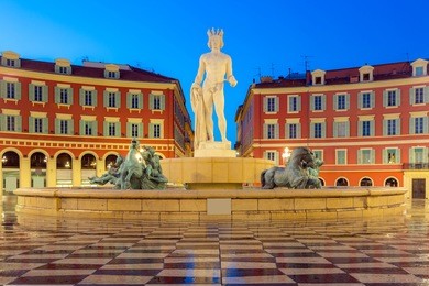 the fountain du soleil on place massena square nice, french riviera, cote d'azur, france