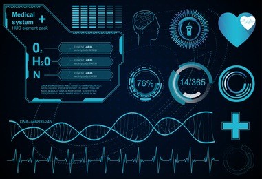 hud element ui medical examination. display a set of virtual interface elements. health technology vector background. research of human health.