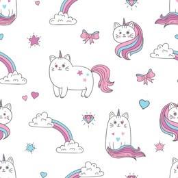 cute cats unicorns seamless pattern. vector background for kids design. 