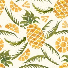 seamless tropical pattern with pineapples and palm leaves. hand drawn, hand painted watercolor illustration.