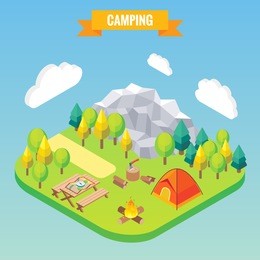 camping isometric concept. vector illustration in flat 3d style. outdoor camp activity. travel in mountains.