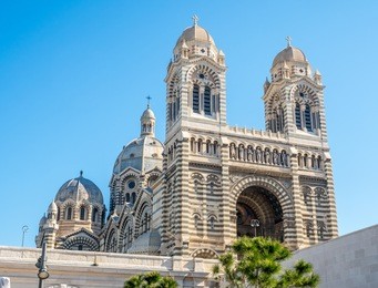 marseille cathedral, cathedrale sainte-marie-majeure de marseille, one of the largest cathedral in france, byzantine-roman style catholic church, located near old port of marseilles