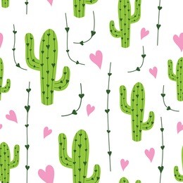 cute cactus seamless pattern with hearts in green, pink and white colors. vector funny nature background. mexican design