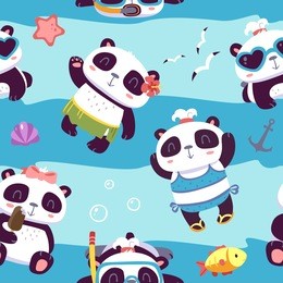 vector cartoon style cute girl beach panda seamless pattern with blue waves