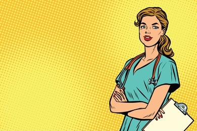 beautiful caucasian nurse with stethoscope. medicine and health care. pop art retro vector illustration