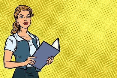 female secretary. business woman. copy space background. pop art retro vector illustration