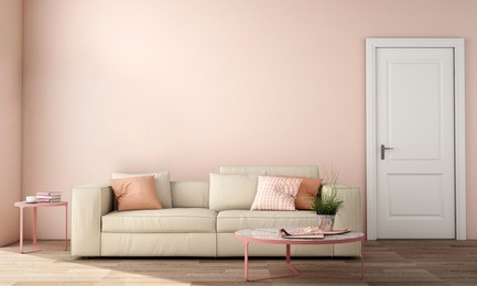interior design of living area with sofa, table ,wood floor and pink color wall ,3d rendering,3d illustration