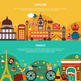 england and france horizontal banners with landmarks images and elements of national culture flat vector illustration