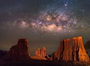 milky way over the canyon at lalu rock formations park, sakaeo, thailand