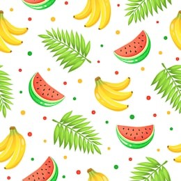 tropical  fruits isolated on white background. tiled summer pattern from watermelon, bananas and palm leaves. fresh tropical fruits seamless background. 