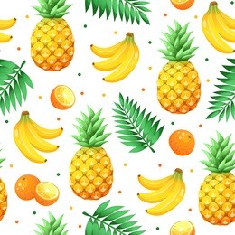 tropical  fruits isolated on white background. tiled summer pattern from pineapples and palm leaves, bananas and oranges. fresh tropical fruits seamless background. 