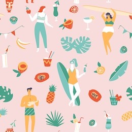 summer beach seamless pattern in vector. surf illustration in retro mid century style