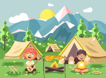 stock vector illustration cartoon characters children boy sings playing guitar with girl scouts, camping on nature, hike tents and backpacks, adventure park outdoor background of mountains flat style