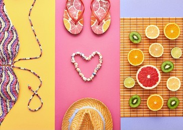 fashion tropical fruit. bright summer beach color. clothes accessories set. creative art concept. swimsuit bikini, tropical lemon, orange. summer background. flat lay. layout.