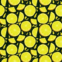 vector seamless pattern with hand drawn lemon slices on black background. design elements, perfect for prints and patterns.