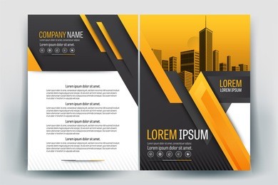 modern business brochure layout, flyers design template, magazine, poster, annual report, or book & booklet cover, with orange gray geometric, and cityscape vector in background elements, in size a4.