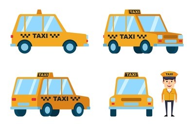 diverse views of taxi car. funny taxi driver standing near car.  flat style vector illustration