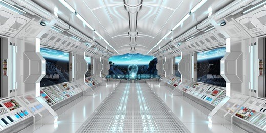 spaceship interior with view on space and planet earth 3d rendering elements of this image furnished by nasa