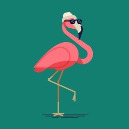 funny vector flat design flamingo in sun glasses and hat