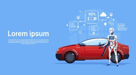 modern robot charging eco car battery futuristic artificial intelligence technology concept flat vector illustration