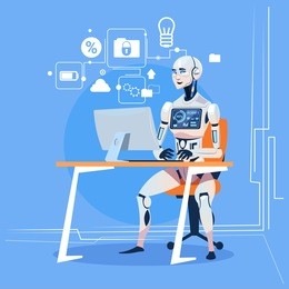modern robot working with computer fixing errors futuristic artificial intelligence technology concept flat vector illustration