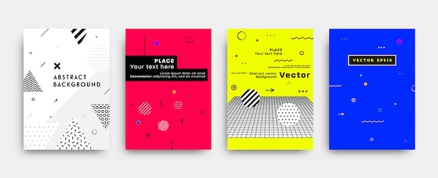placard templates set with abstract liquid bubbles shapes, 80s memphis geometric style flat and 3d design elements. retro art for a4 covers, banners, flyers and posters. eps10 vector illustrations