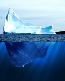a large iceberg in the cold blue cold water. collage
