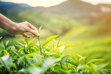 women hand finger picking up  tea leaves at a tea plantation for product , natural selected , fresh tea leaves in tea farm in cameron highlands, malaysia