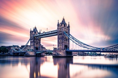 abstract moving clouds during sunrise london tower bridge, sunrise with reflection in the water thames river london tower bridge 