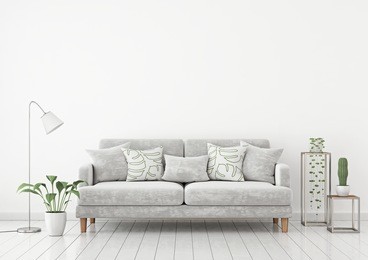 livingroom interior wall mock up with gray fabric sofa and pillows on white wall background with free space on top. 3d rendering.