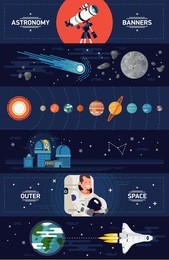 set of creative vector horizontal web banners templates on astronomy and space exploration with planets, comet, moon, telescope, astronaut, observatory, spacecraft shuttle and more