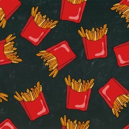 crispy french fries seamless pattern with red paper boxes of fried potato. realistic hand drawn doodle style sketch.vector illustration isolated on a black chalkboard background.
